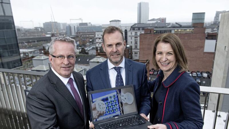 Mark Hopkins (centre), general manager at Dell Technologies, with Ulster University vice chancellor Paddy Nixon and deputy vice-chancellor Professor Cathy Gormley-Heenan 