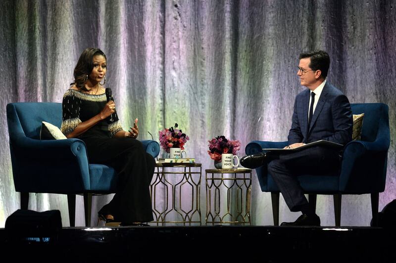 Mrs Obama being interviewed by US late night talk show host Stephen Colbert