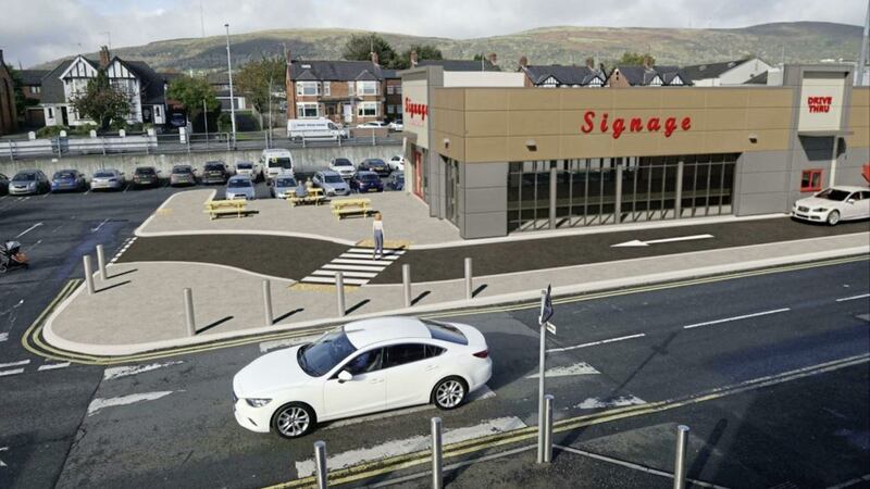A computer-generated impression of the new Tim Hortons coffee drive-through proposed for the Kennedy Centre in Belfast 