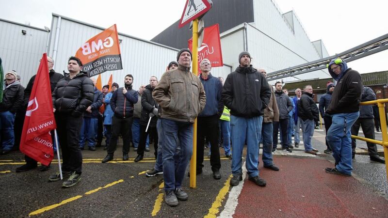 Bombardier Shorts workers at a union meeting at the east Belfast plant ahead of the US International Trade Commission ruling that rival manufacturer Boeing has suffered no injury nor loss from Atlanta-based Delta Airlines&#39; order of Bombardier&#39;s C Series passenger jets. Picture: Mal McCann 