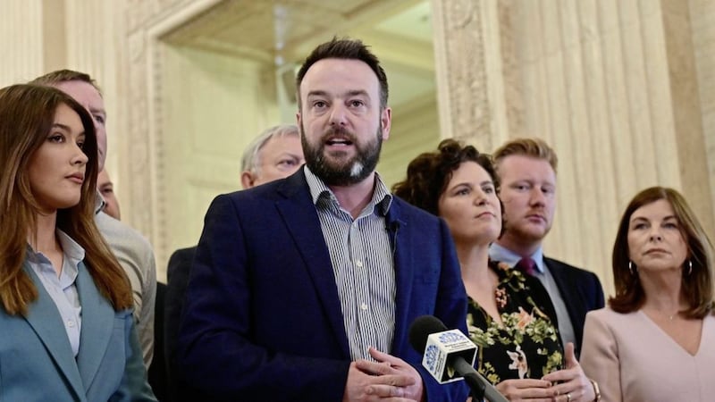 SDLP Colum Eastwood with his MLA team at Parliament Buildings in Belfast on Monday. Picture by Arthur Allison/Pacemaker Press 