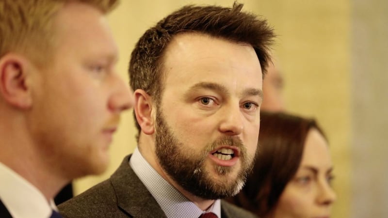 SDLP leader Colum Eastwood speaking to the media at Stormont 