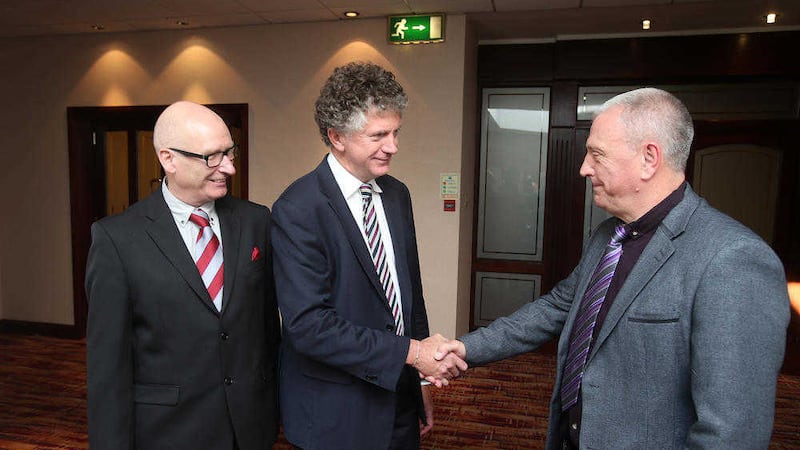 Former Tony Blair aide Jonathan Powell with loyalist leaders Jackie McDonald and Billy Hutchinson Picture Mal McCann 