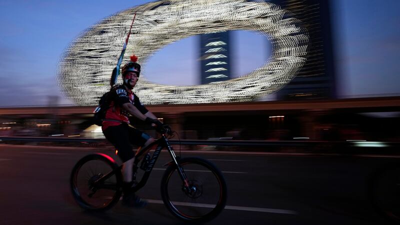 The annual Dubai Ride saw bikes race down the 10-lane Sheikh Zayed Road, which gives drivers a view of the world’s tallest building, the Burj Khalifa.
