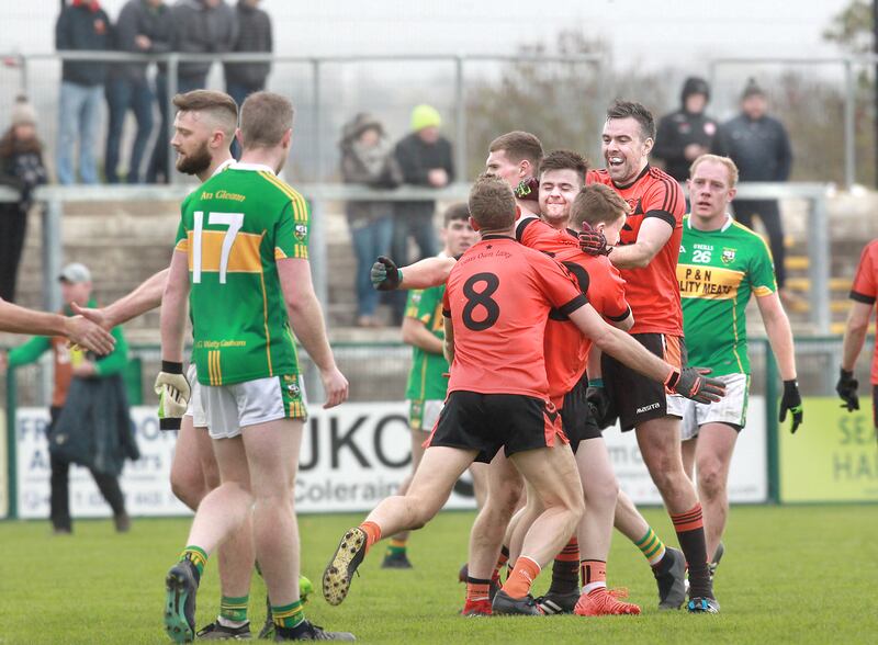 Lavey players celebrate at the final whistle as they secured a first county final place since 1998 <br />Picture by Margaret McLaughlin