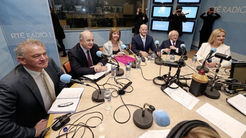 (Left to right) Peter Casey, Gavin Duffy, Joan Freeman, Sean Gallagher, Michael D Higgins and Liadh N&iacute; Riada gather for the first live presidential campaign debate between all six candidates at RTE Radio in Dublin earlier this month. Picture by Niall Carson, Press Association 