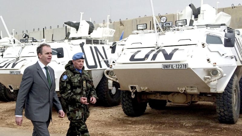 Joe McHugh, minister for overseas development, is guided around a hilltop UN peacekeeping base near Hanin, South Lebanon by Lieutenant Colonel Stephen Howard. PRESS ASSOCIATION Photo. Issue date: Thursday March 2, 2017. See PA story POLITICS Lebanon Ireland. Photo credit should read: Ed Carty/PA Wire. 
