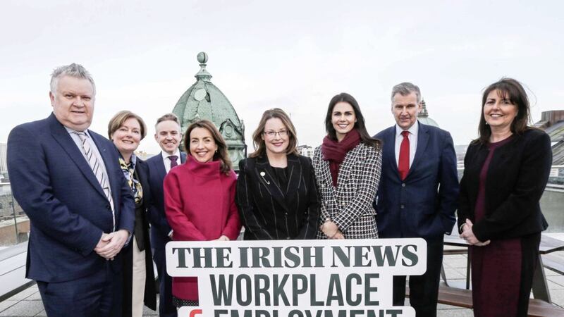 Pictured at the launch of the Irish News Workplace &amp; Employment Awards are the paper&#39;s editor Noel Doran (second right) and business editor Gary McDonald (left) with business partner representatives (from left) Gillian Armstrong (director of business engagement at Ulster University), Ryan Feeney (director public engagement at Queen&#39;s University), Terry Hughes (senior vice president of marketing at Options Technology), Orlagh O&rsquo;Neill (partner and head of employment at Carson McDowell), Elizabeth Toner (vice president of global talent at First Derivative) and Siobhan Lynch (director of operations at Titanic Belfast. Picture: Hugh Russell 