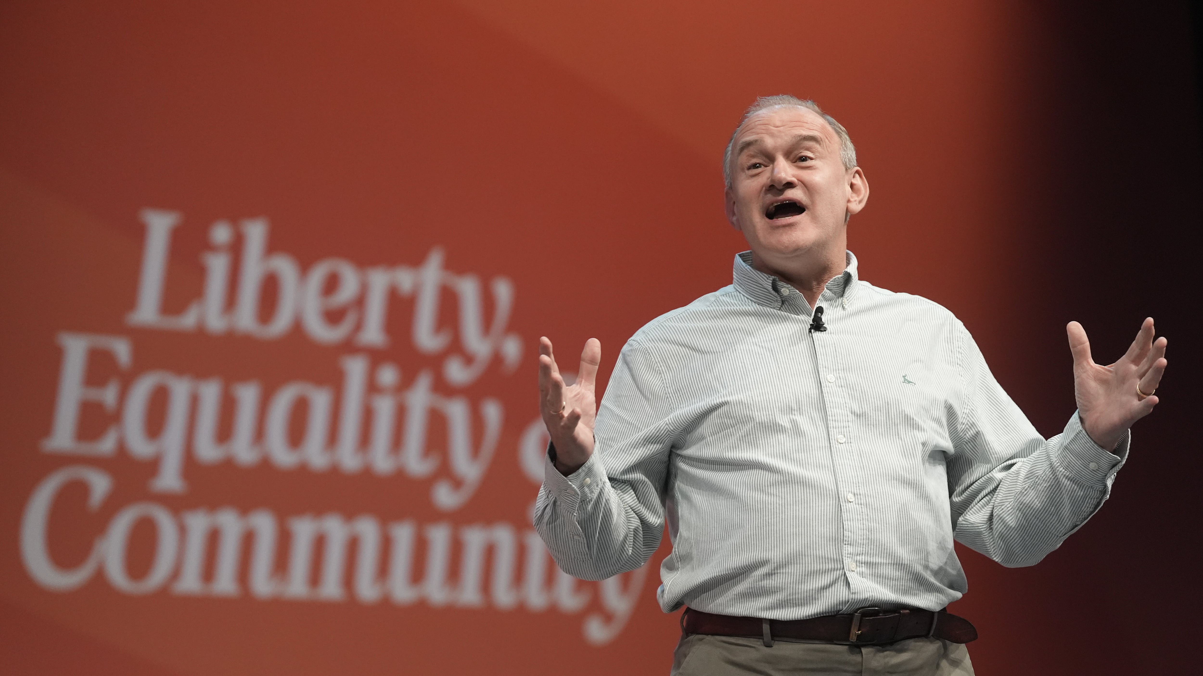 Liberal Democrat leader Sir ED Davey speaking during a rally at the Liberal Democrat Party conference