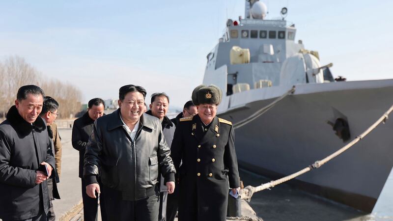 Undated photo provided on February 2, 2024, by the North Korean government of North Korean leader Kim Jong Un visiting a shipyard in Nampho (Korean Central News Agency/Korea News Service/AP)