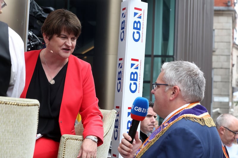 Former DUP leader Arlene Foster speaks with DUP deputy leader and East Belfast MP Gavin Robinson for GB News. Picture by Mal McCann