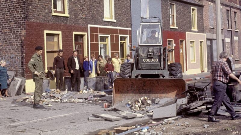 A British army bulldozer clears debris in Argyle Street, Belfast in August 1969. Picture by PA Wire 