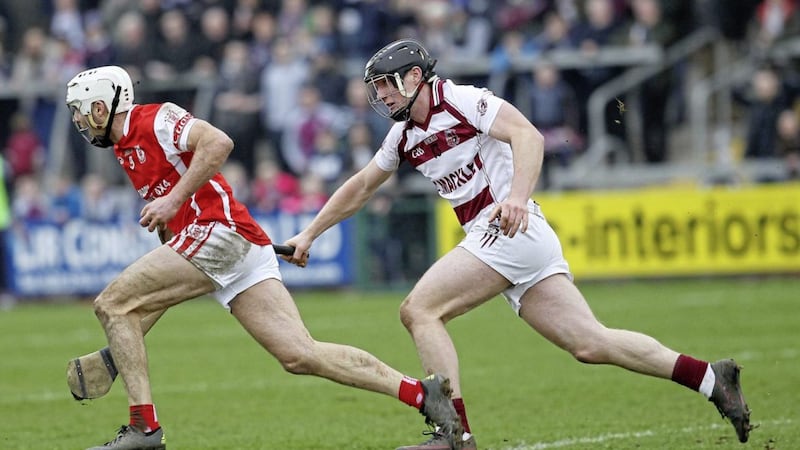 Slaughtneil&#39;s Se McGuigan tangles with Cuala&#39;s Darragh O&#39;Connell during last Saturday&#39;s semi-final. McGuigan managed a late goal but the Dubliners were comfortable winners Pic Philip Walsh 