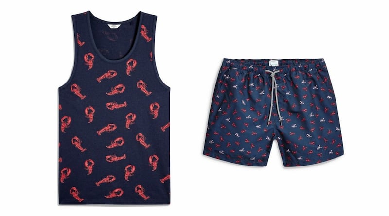Next Navy Lobster Print Vest, &pound;14, and Navy Lobster Print Swim Shorts, &pound;16 