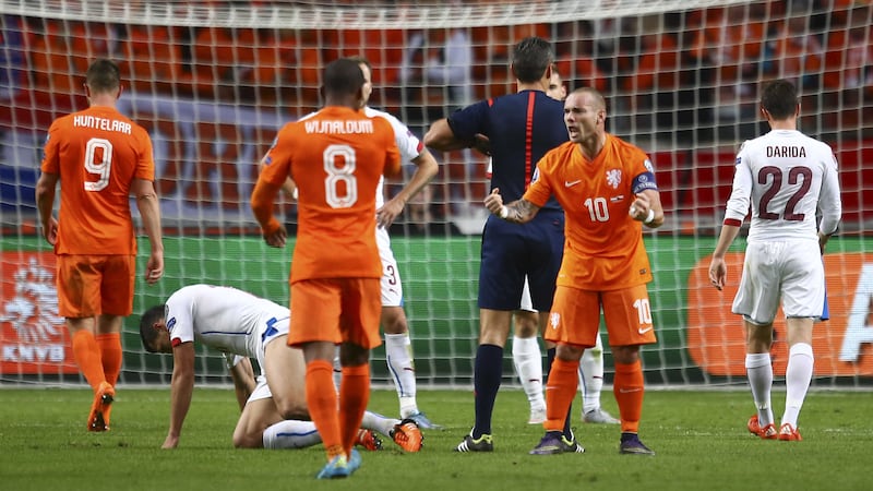 Holland captain Wesley Sneijder attempts to motivate his team-mates during Tuesday's Euro 2016 qualifier defeat to the Czech Republic at the ArenA stadium in Amsterdam<br />Picture: PA&nbsp;