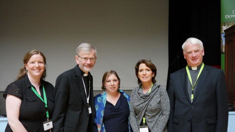 Claire McCusker, Fr Alan McGuckian, Sarah Teather, Maura Fitzpatrick, Bishop Noel Treanor 