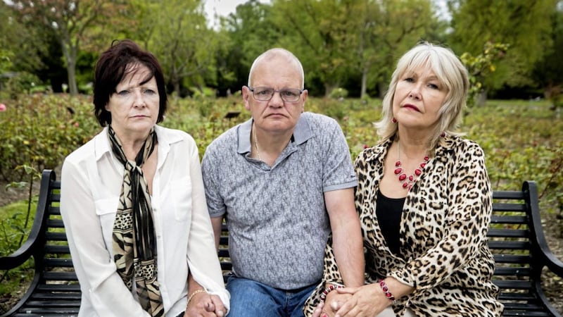Kate Walmsley, Ron Graham, and Margaret McGuckin, pictured left to right, from Savia have called on secretary of state Karen Bradley to resign in her failure to process payments to survivors and victims of institutional abuse in Belfast. Picture by Liam McBurney/PA Wire 