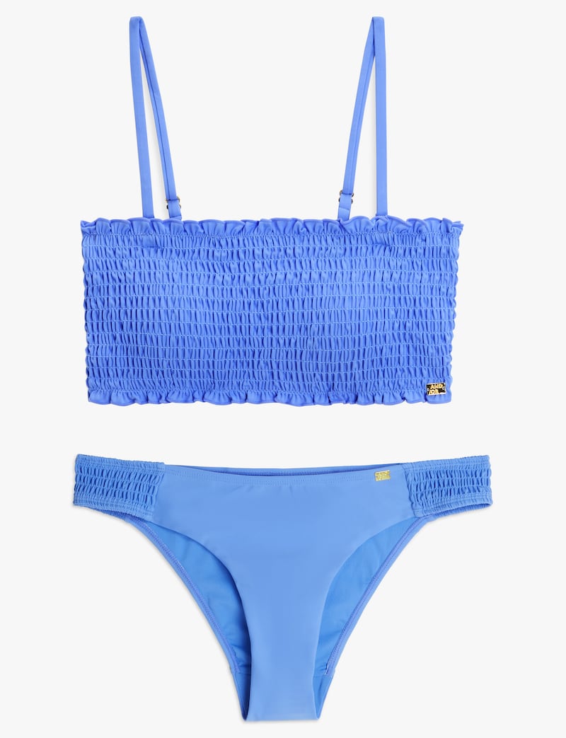 John Lewis and Partners And/Or Shirred Bandeau Bikini Top Blue; Side Shirred Bikini Bottoms Blue