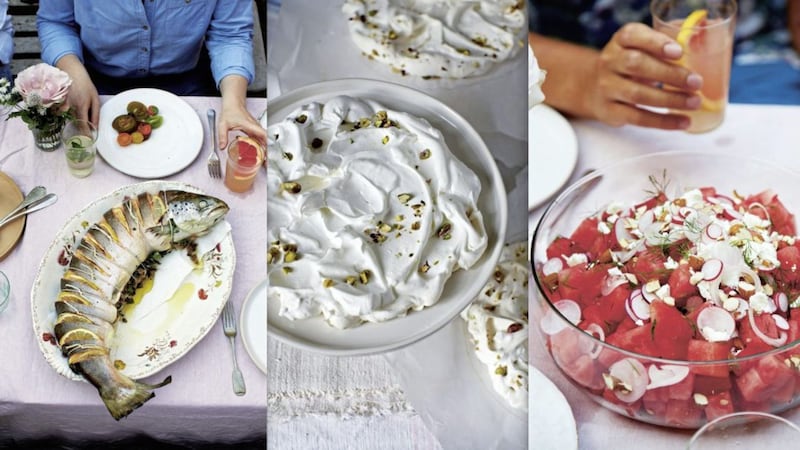 Stuffed salmon, Berry and pistachio pavlova and Watermelon with almonds and dill 