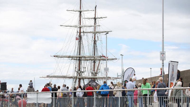 Sun 28 June 2015 - Crowds arrive to view a tall ship moored at Bangor&#39;s Eisenhower Pier for yesterday&#39;s (Sunday) sea festival. Picture: Cliff Donaldson. 