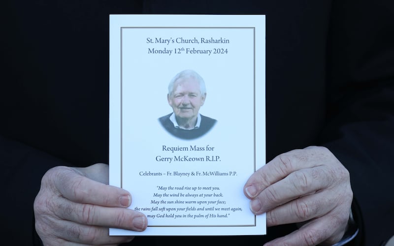 Family and Friends of former school teacher Gerry McKeown during his funeral at St Mary’s Church in Rasharkin on Monday.
Gerry McKeown who Liam Neeson credits with encouraging him to act.
PICTURE COLM LENAGHAN
