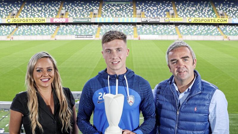Northern Ireland Football Writers&#39; Association chairperson Ruth Gorman, with the August Dream Spanish Homes Premiership Player of the Month, Matthew Shevlin of Coleraine FC, and new sponsor, Gerry Flynn of Dream Spanish Homes. Photo by Philip Magowan / Press Eye 