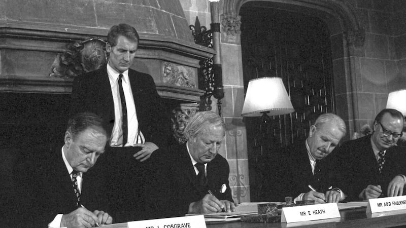 The Sunningdale Agreement, establishing a new power-sharing government at Stormont along with a cross-border Council of Ireland, was signed by the British and Irish governments along with representatives of the SDLP, UUP and Alliance parties in Sunningdale, Berkshire on December 9 1973 