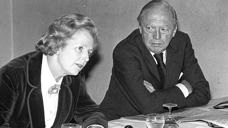 Tory leader Margaret Thatcher pictured at a press conference at the Dunadry Hotel in 1978 with Airey Neave. 