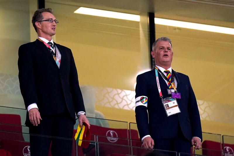 Stuart Andrew, right, wore the OneLove armband during the men's World Cup in Qatar
