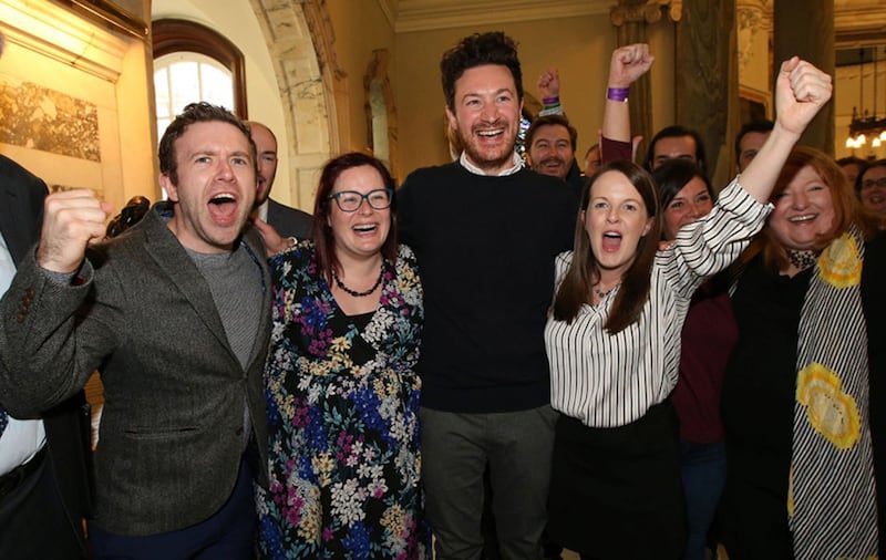 Peter McReynolds,Sian O'Neill, Ross McMullan and Nuala McAllister celebrating Alliance Party gains in the 2019 council elections. Picture by Hugh Russell&nbsp;