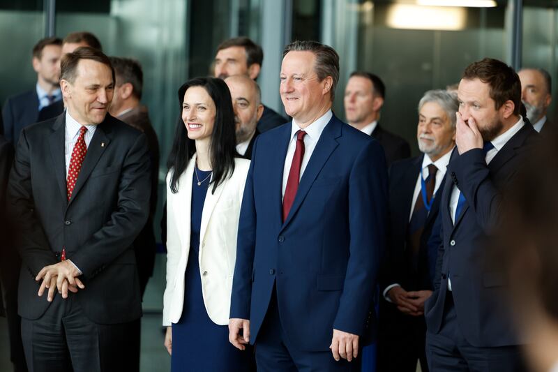 From left, Poland’s foreign minister Radoslaw Sikorski, Bulgaria’s foreign minister Mariya Gabriel, Foreign Secretary Lord David Cameron and Estonia’s foreign minister Margus Tsahkna attend a ceremony to mark the 75th anniversary of Nato at Nato headquarters in Brussels (Geert Vanden Wijngaert/AP)