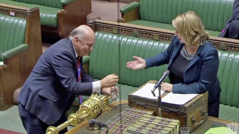 Labour&#39;s Stephen Pound tries to squeeze spilt water back into Northern Ireland Secretary Karen Bradley&#39;s glass, after she knocked it over while addressing MPs in the Commons yesterday PICTURE: PA 