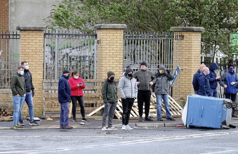 &nbsp;Youth workers and community workers keep nationalist rioters&nbsp; away from the interface at Lanark Way in west Belfast on April 8 2021. Picture by Mal McCann