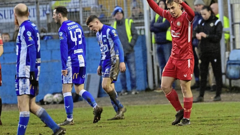 Portadown celebrate after winning on the pitch at Newry City in December - but the 3-0 result was reversed after a technical breach by the visitors. Pic Colm Lenaghan/Pacemaker 