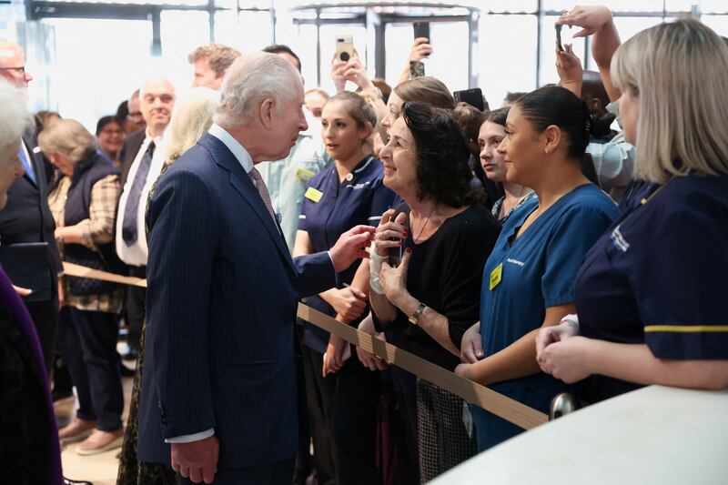 Charles meets staff members at the University College Hospital Macmillan Cancer Centre