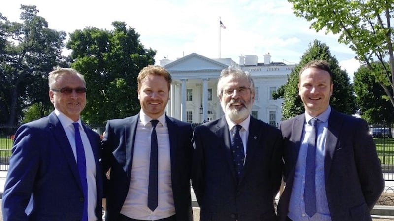 Martin McGuinness&#39;s sons Emmett (second from left) and Fiachra (far right) with Congressman Richie Neal and Sinn F&eacute;in leader Gerry Adams  