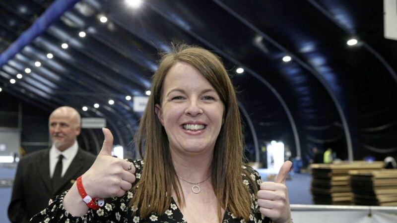 An &quot;elated&quot; Nuala McAllister celebrates her win in North Belfast for Alliance. Picture by Hugh Russell.  