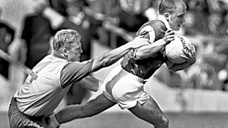 Action from the 1997 Ulster semi-final clash between Cavan and Donegal. 