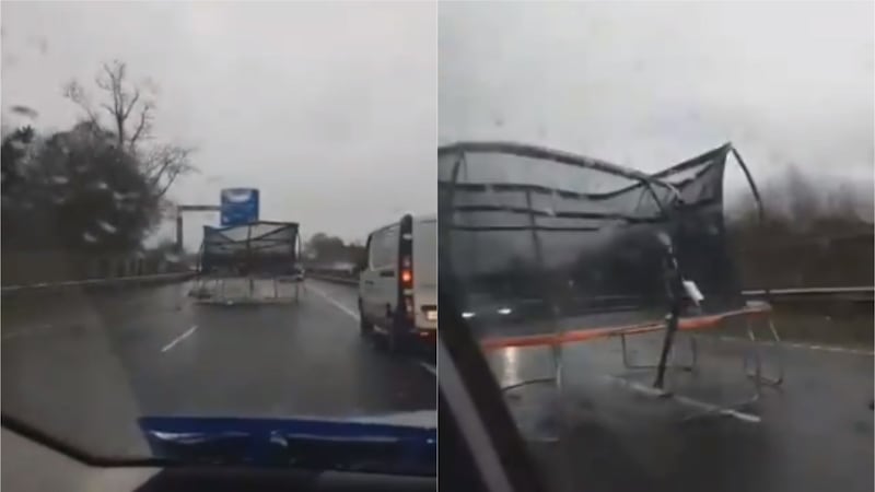 The trampoline was spotted on the M7 in Ireland, just before the exit to Limerick, amid high winds from Storm Brendan.