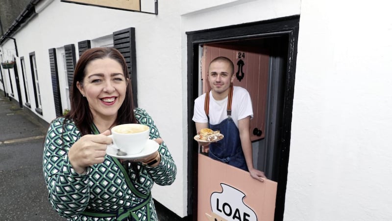 Maeve Monaghan, chief executive of the NOW Group, with Loaf Pottery&#39;s cafe host James Roberts 