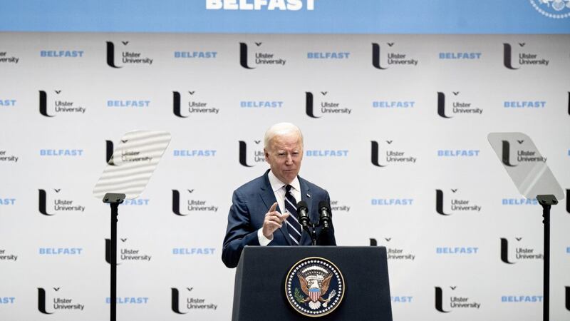 US President Joe Biden delivers his keynote speech at Ulster University in Belfast last week 