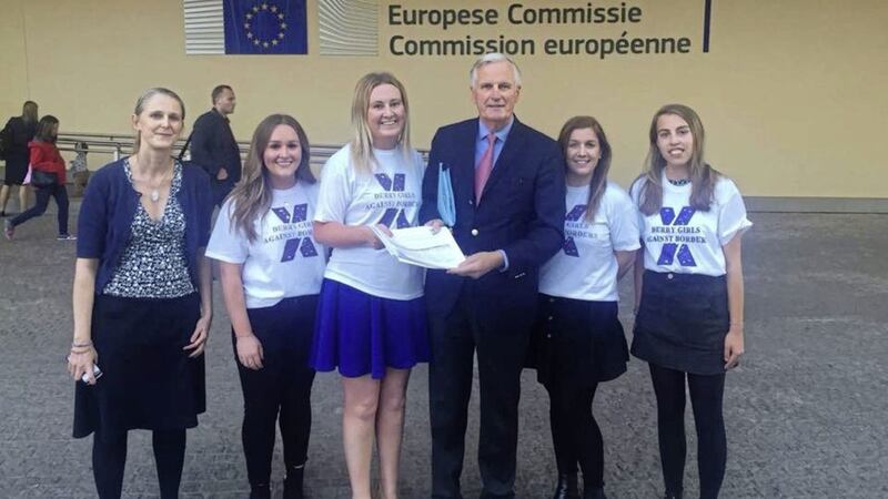 Derry Girls Against Borders members meet EU chief negotiator Michel Barnier. Pic Facebook 