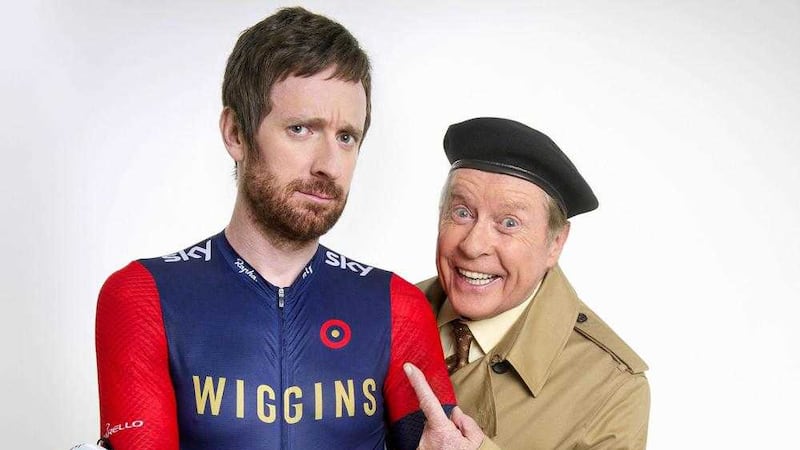 Tour de France winner Sir Bradley Wiggins with Michael Crawford as he reprises his role of Frank Spencer
