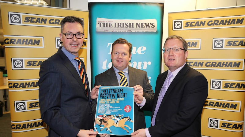 Irish News marketing manager John Brolly and Ronan and Brian Graham from Sean Graham Bookmakers launch this year&rsquo;s Cheltenham Preview Night, which will be held at the Europa Hotel on Monday, March 7&nbsp;<br/><span class="Apple-tab-span" style="white-space:pre">				</span>