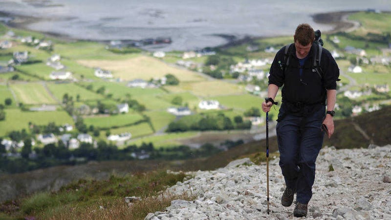 Croagh Patrick, with Clew Bay in the background &ndash; scree and loose stones can make climbing &#39;the Reek&#39; treacherous 