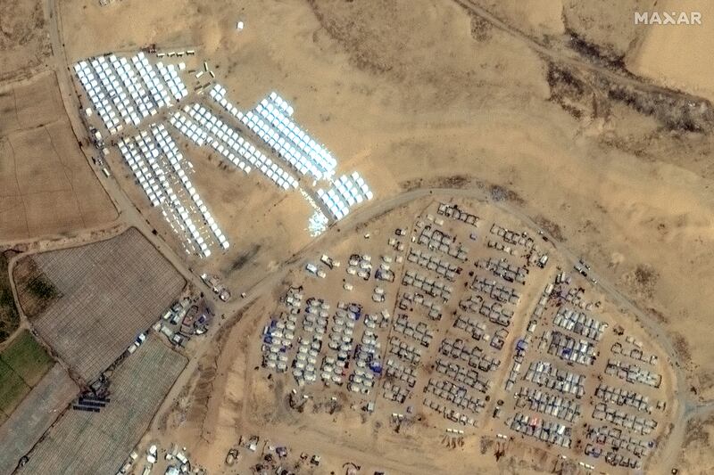 Rows of tents have been built near Rafah as displaced Palestinians have flocked there (Maxar Technologies/AP)