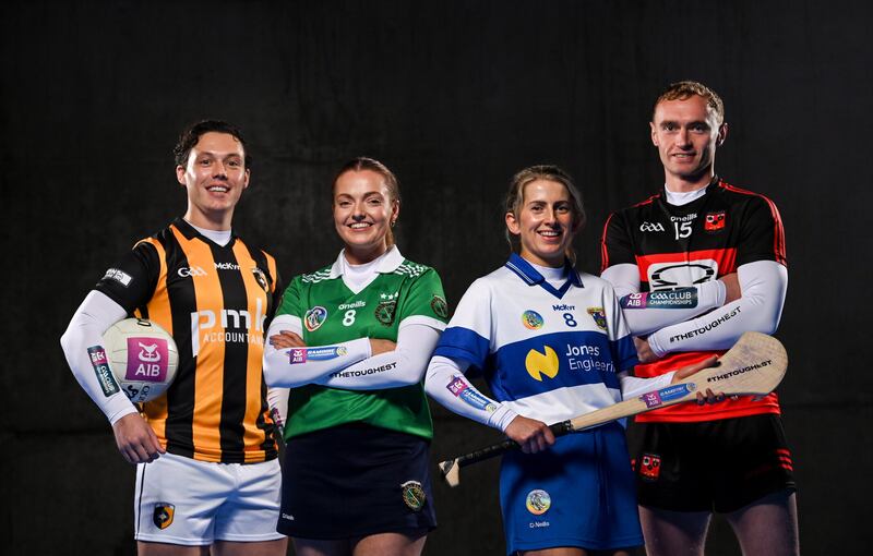 James Morgan (Crossmaglen Rangers, Armagh), Muireann Kelleher (St Vincent’s, Dublin), Pauric Mahony (Ballygunner, Waterford) and Clodagh McGrath (Sarsfields, Galway) at the launch of the 2023/2024 AIB GAA and Camogie All-Ireland Club Championships.