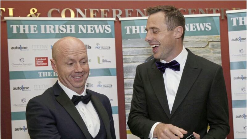 Irish rugby star Tommy Bowe with Tyrone GAA legend Peter Canavan at the 2019 Irish News Ulster AllStars gala evening.<br /> Picture by Hugh Russell.