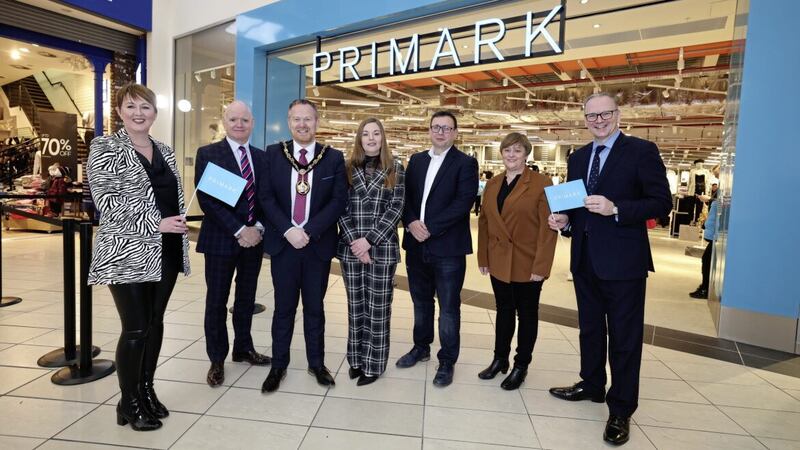 Pictured at the opening of the new Rushmere store are (from left) Primark&rsquo;s Northern Ireland area manager Jacqui Byers; Rushmere centre manager Martin Walsh; Armagh City, Banbridge &amp; Craigavon Borough Council lord mayor Paul Greenfield; Primark Craigavon store manager Cherie McCord; head of sales (ROI &amp; NI) Damien O&rsquo;Neill; Primark&rsquo;s head of people &amp; culture, retail UK Janice Boyle, and Roger Wilson, chief executive of Armagh City, Banbridge &amp; Craigavon Borough Council. Picture: Kelvin Boyes/PressEye 