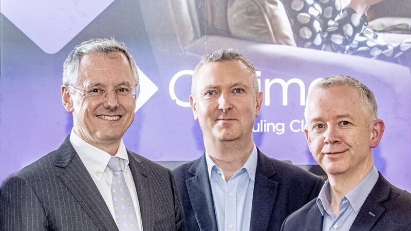 Invest NI chief executive Kevin Holland pictured previously with EventMap&#39;s co-founders Dr Paul McMullan (chief technical officer) and Dr Barry McCollum (chief executive) 